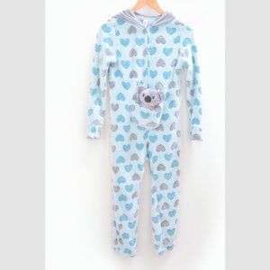 Justice Girl's Sz 10 Blue Pajamas Fleece Zip Up One Piece w/ Koala Hood Footies